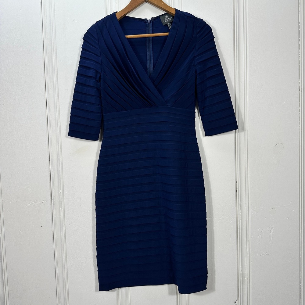 Adrianna Papell Sheath Dress Womens 4 Navy Blue Excellent Tiered Ribbon V-Neck